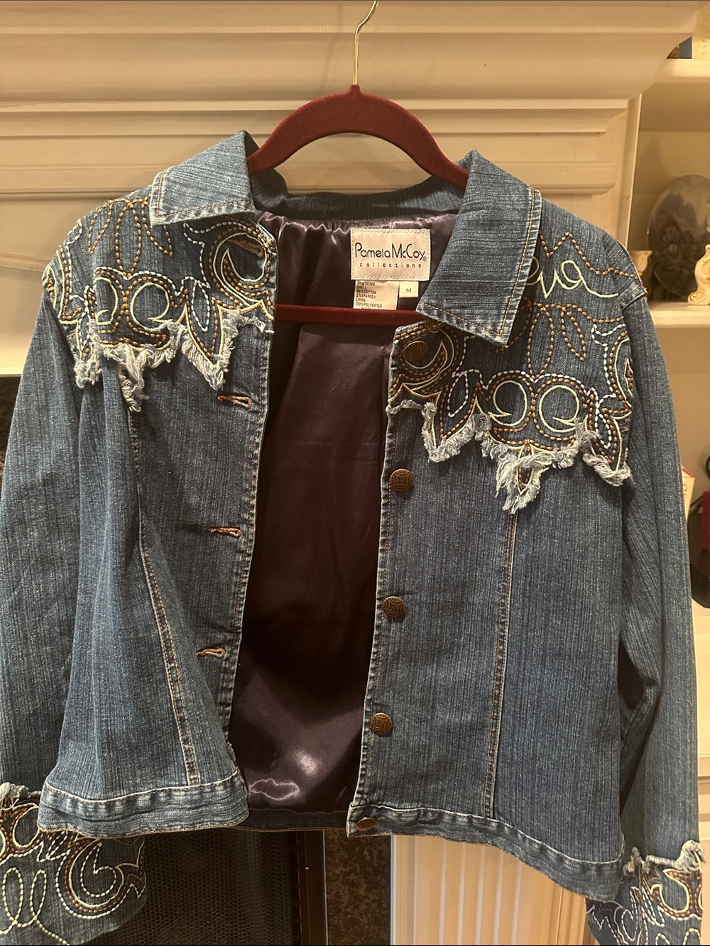Pamela McCoy Distressed Embroidered Blue Denim Jacket
